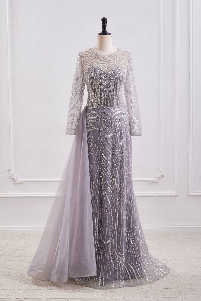 Classic Round Long Sleeves Beaded Mermaid Party Prom Dress