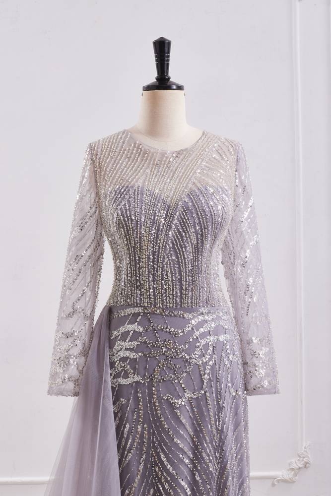 Classic Round Long Sleeves Beaded Mermaid Party Prom Dress