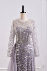 Classic Round Long Sleeves Beaded Mermaid Party Prom Dress