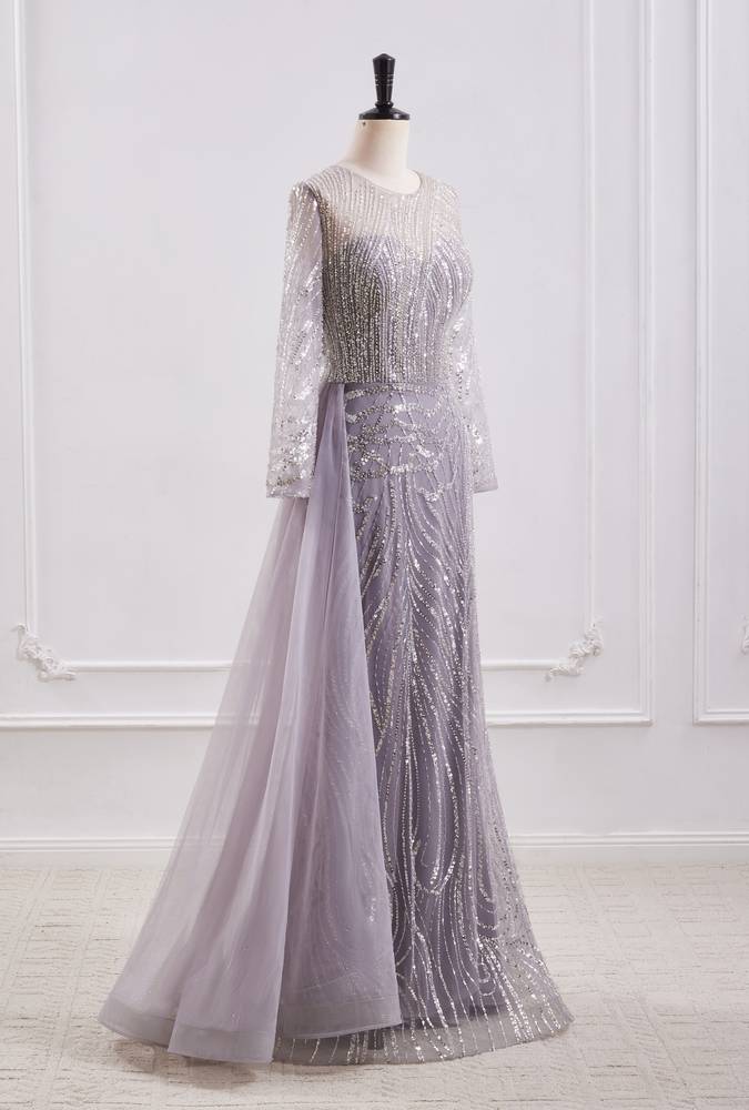 Classic Round Long Sleeves Beaded Mermaid Party Prom Dress