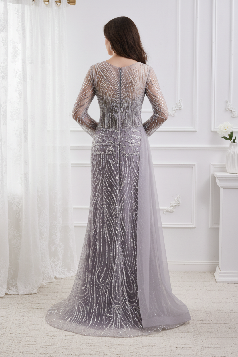 Classic Round Long Sleeves Beaded Mermaid Party Prom Dress