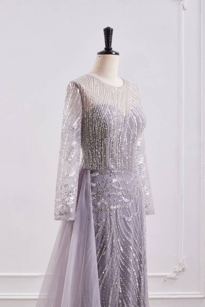 Classic Round Long Sleeves Beaded Mermaid Party Prom Dress