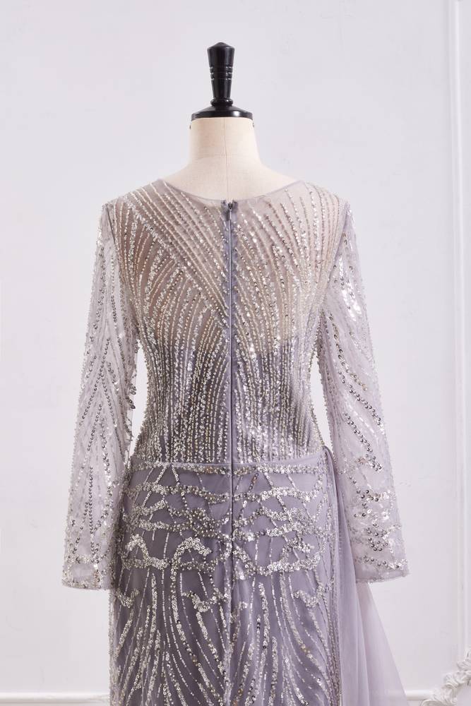 Classic Round Long Sleeves Beaded Mermaid Party Prom Dress