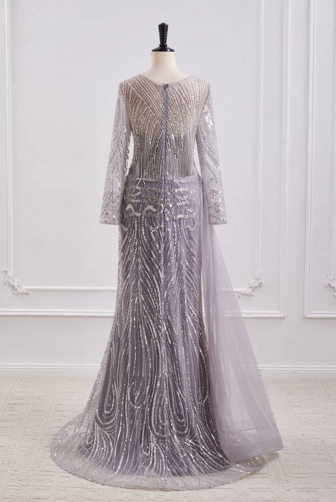 Classic Round Long Sleeves Beaded Mermaid Party Prom Dress