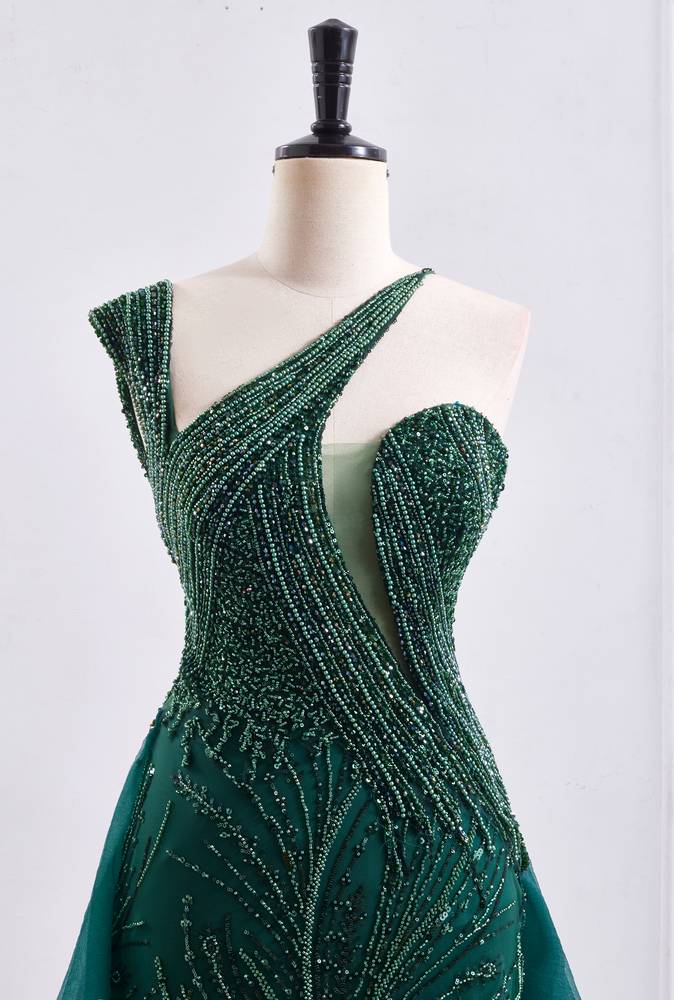 Elegant Asymmetrical Blouson Empire Beaded Prom Dress With Train