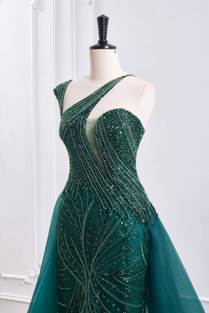 Elegant Asymmetrical Blouson Empire Beaded Prom Dress With Train