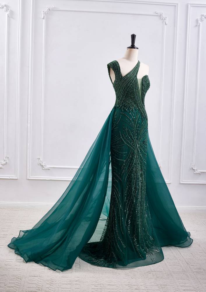 Elegant Asymmetrical Blouson Empire Beaded Prom Dress With Train