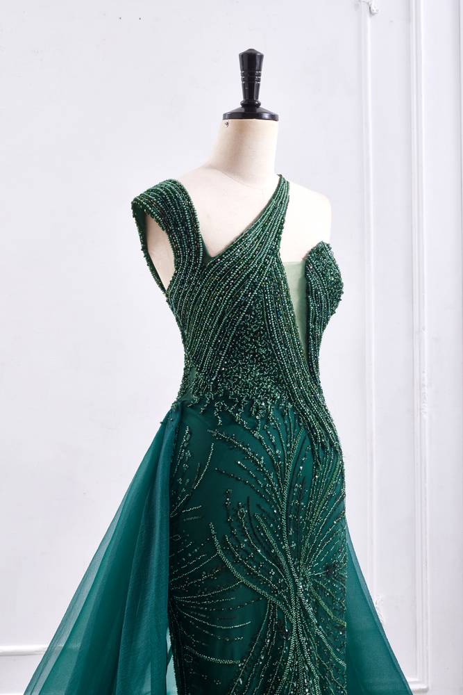 Elegant Asymmetrical Blouson Empire Beaded Prom Dress With Train