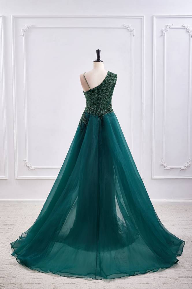 Elegant Asymmetrical Blouson Empire Beaded Prom Dress With Train