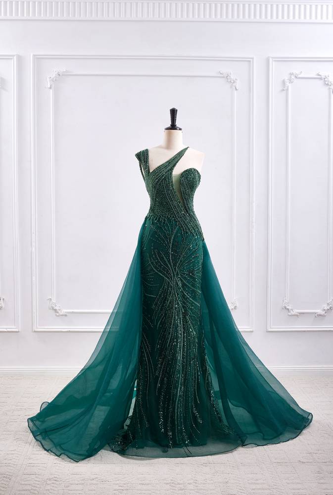 Elegant Asymmetrical Blouson Empire Beaded Prom Dress With Train