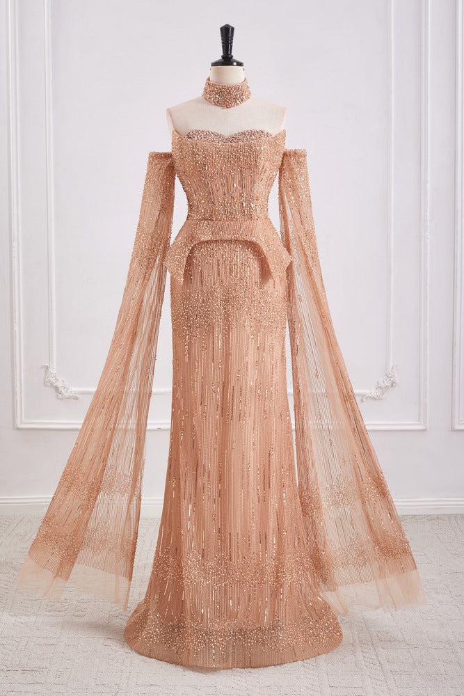 Elegant Beaded Empire Long Sleeves Mermaid Party Prom Dress