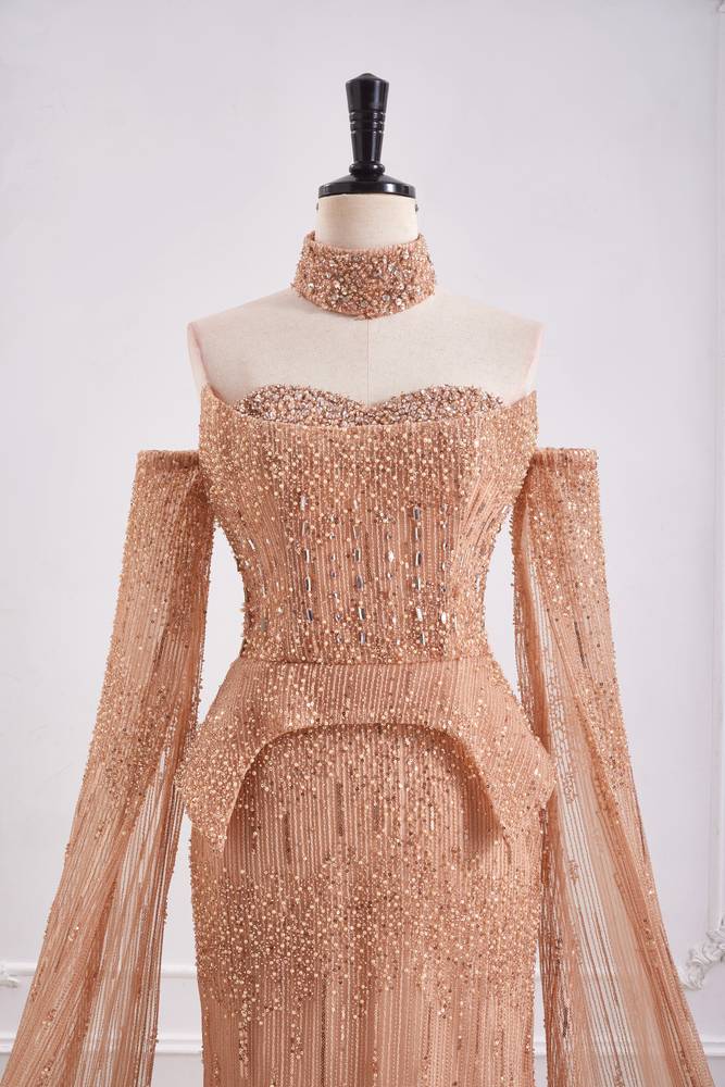 Elegant Beaded Empire Long Sleeves Mermaid Party Prom Dress