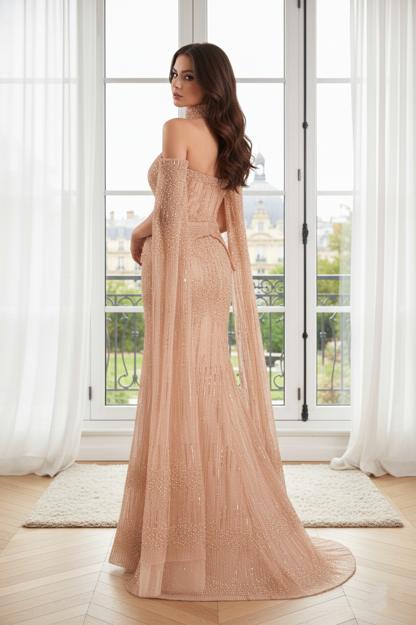 Elegant Beaded Empire Long Sleeves Mermaid Party Prom Dress