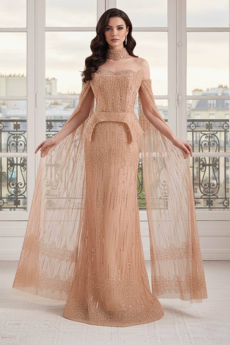 Elegant Beaded Empire Long Sleeves Mermaid Party Prom Dress