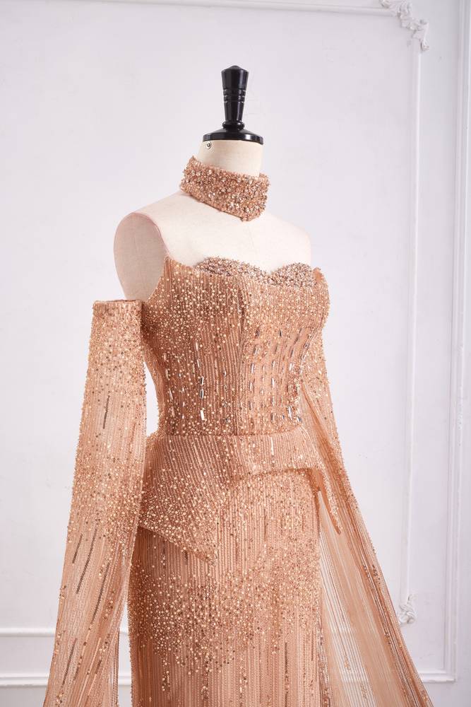 Elegant Beaded Empire Long Sleeves Mermaid Party Prom Dress