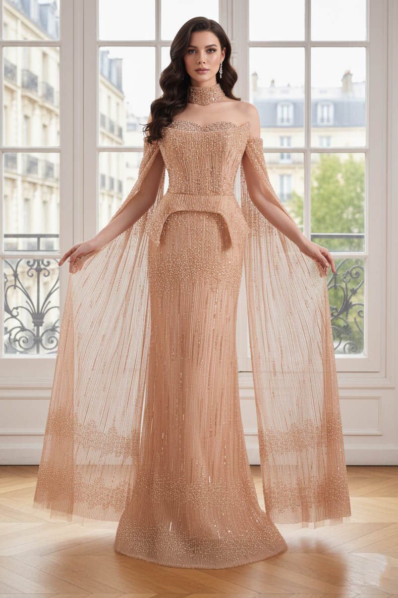 Elegant Beaded Empire Long Sleeves Mermaid Party Prom Dress