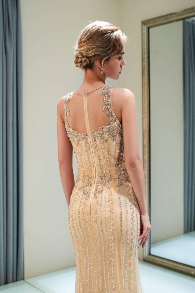 Elegant Champagne Round Sleeveless Beaded Mermaid Prom Dress