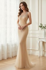 Elegant Champagne Round Sleeveless Beaded Mermaid Prom Dress