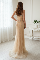 Elegant Champagne Round Sleeveless Beaded Mermaid Prom Dress