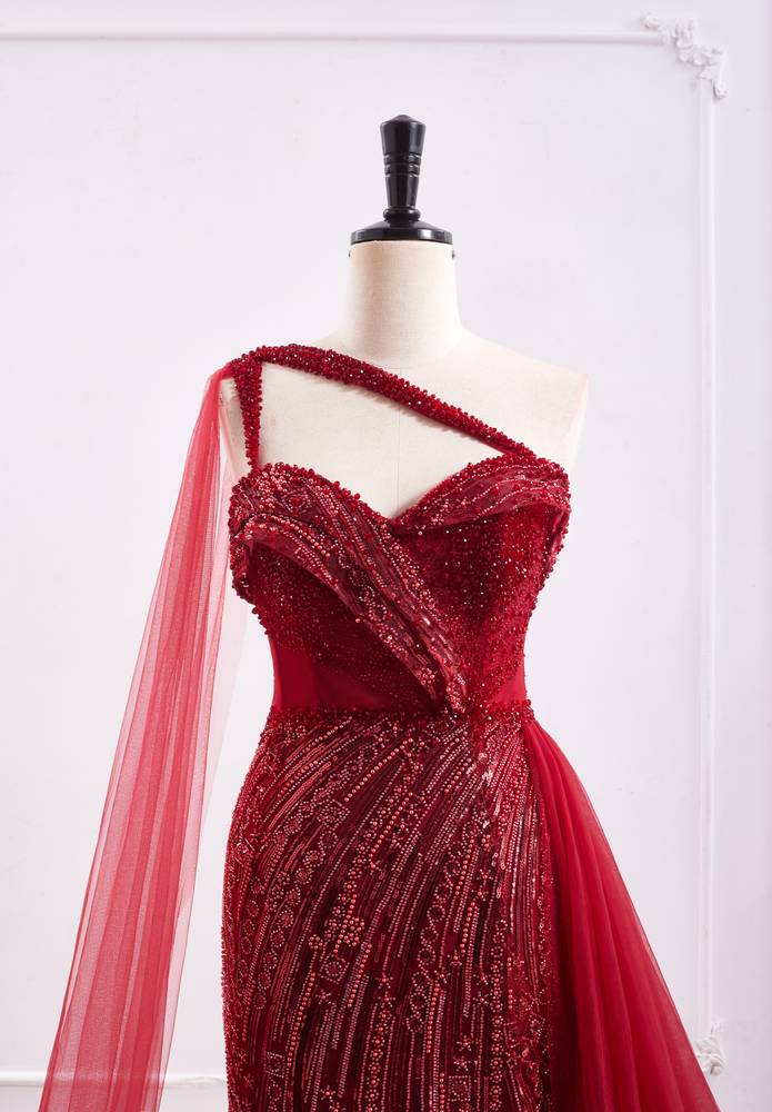 Elegant One Shoulder Mermaid Beaded Prom Dress With Slit And Train