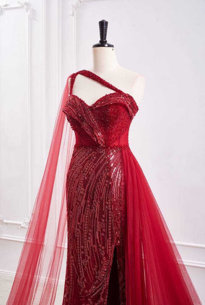 Elegant One Shoulder Mermaid Beaded Prom Dress With Slit And Train