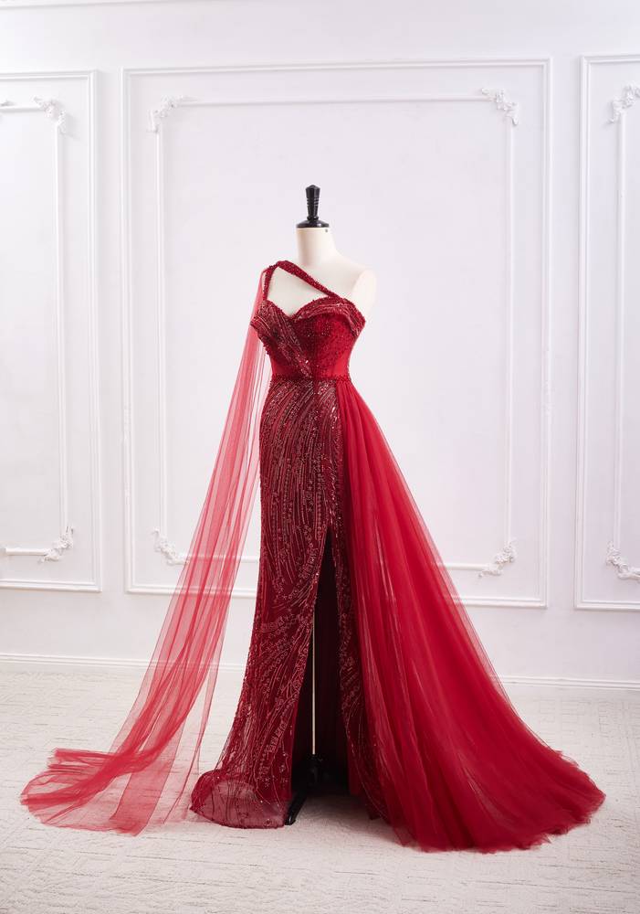 Elegant One Shoulder Mermaid Beaded Prom Dress With Slit And Train