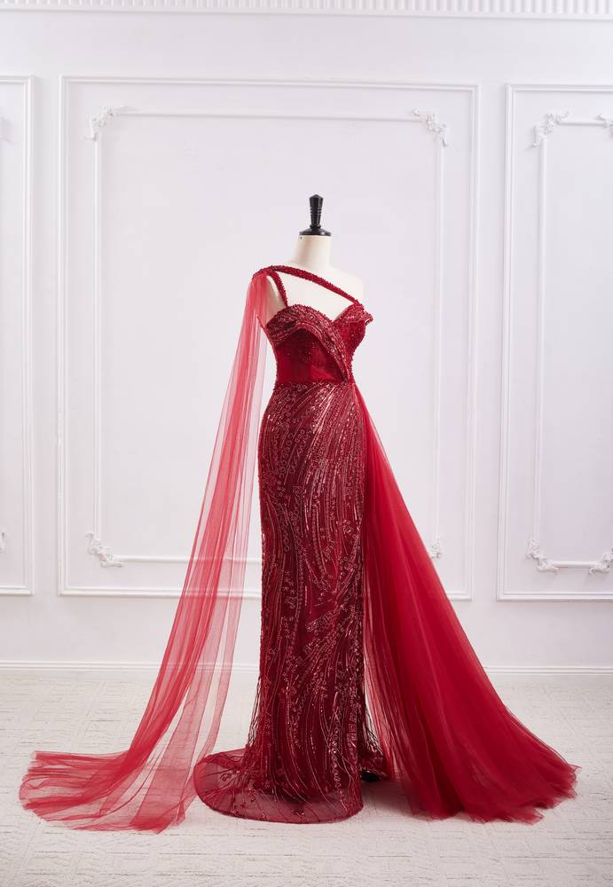 Elegant One Shoulder Mermaid Beaded Prom Dress With Slit And Train