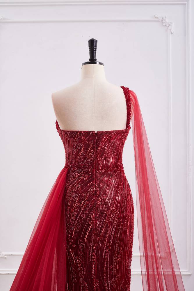 Elegant One Shoulder Mermaid Beaded Prom Dress With Slit And Train