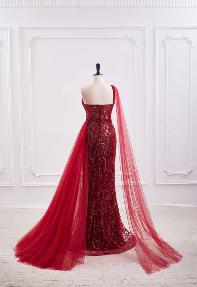 Elegant One Shoulder Mermaid Beaded Prom Dress With Slit And Train