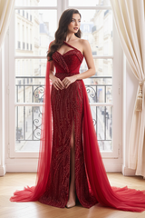Elegant One Shoulder Mermaid Beaded Prom Dress With Slit And Train