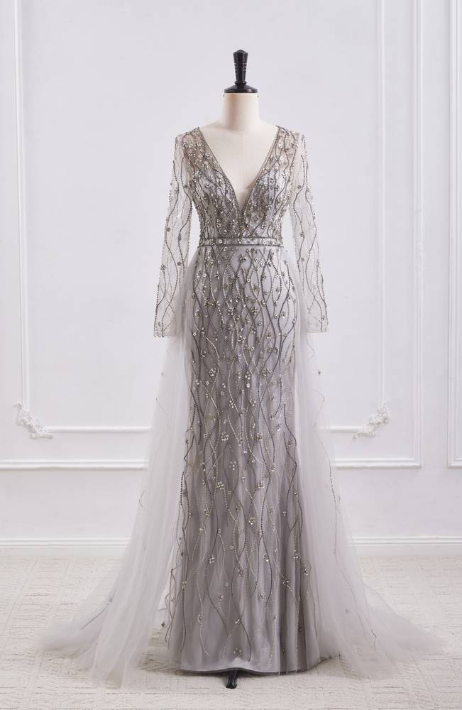 Elegant V-Neck Long Sleeves Empire Beaded Prom Dress With Train