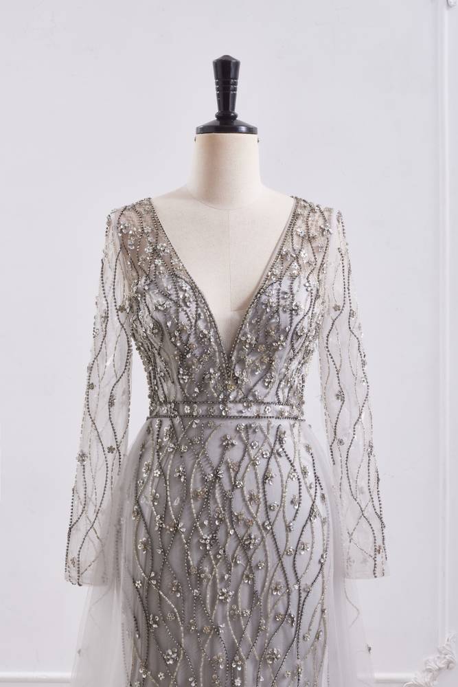 Elegant V-Neck Long Sleeves Empire Beaded Prom Dress With Train