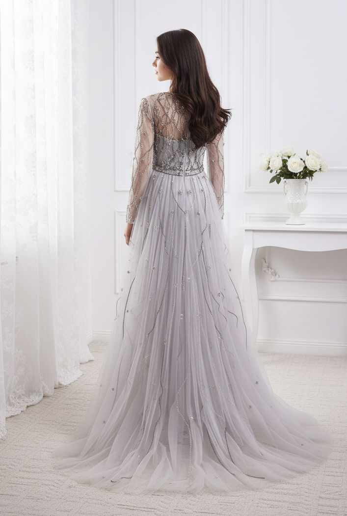 Elegant V-Neck Long Sleeves Empire Beaded Prom Dress With Train