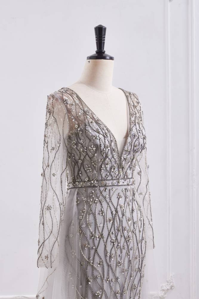 Elegant V-Neck Long Sleeves Empire Beaded Prom Dress With Train