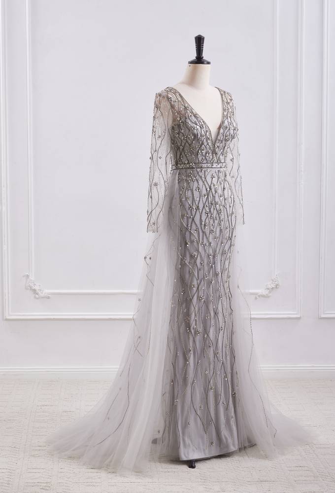 Elegant V-Neck Long Sleeves Empire Beaded Prom Dress With Train