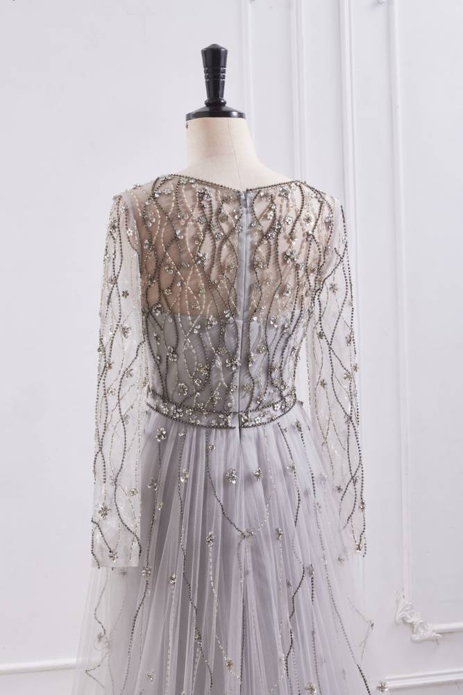 Elegant V-Neck Long Sleeves Empire Beaded Prom Dress With Train