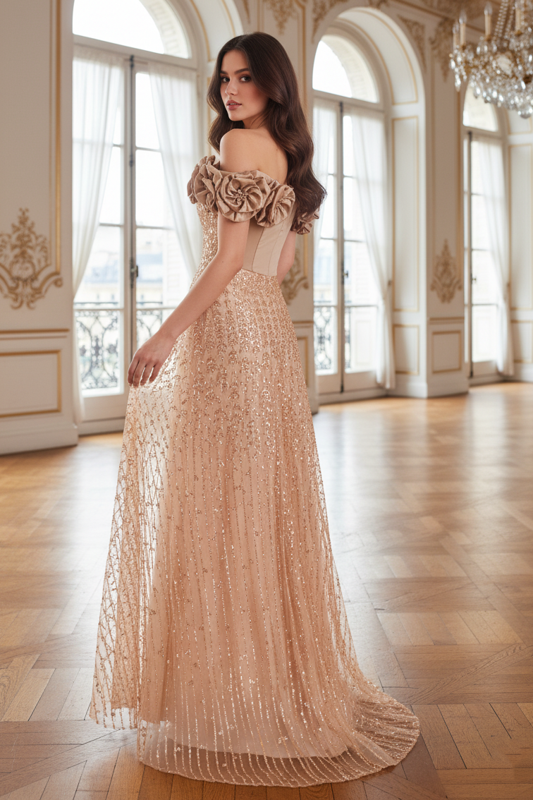 Floral Off-Shoulder A-Line Empire Two Tone Party Prom Dress