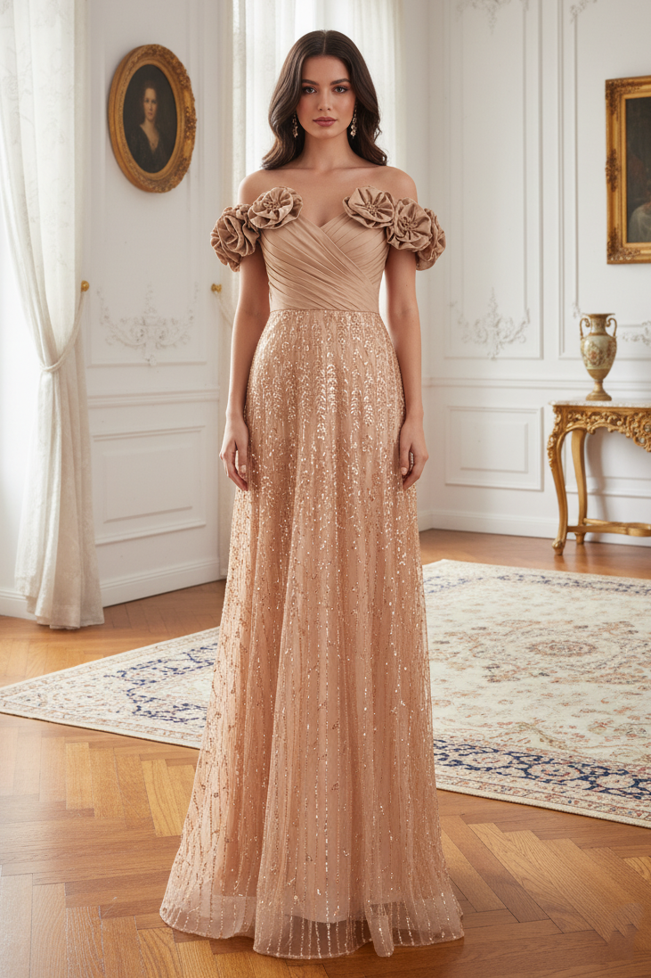 Floral Off-Shoulder A-Line Empire Two Tone Party Prom Dress