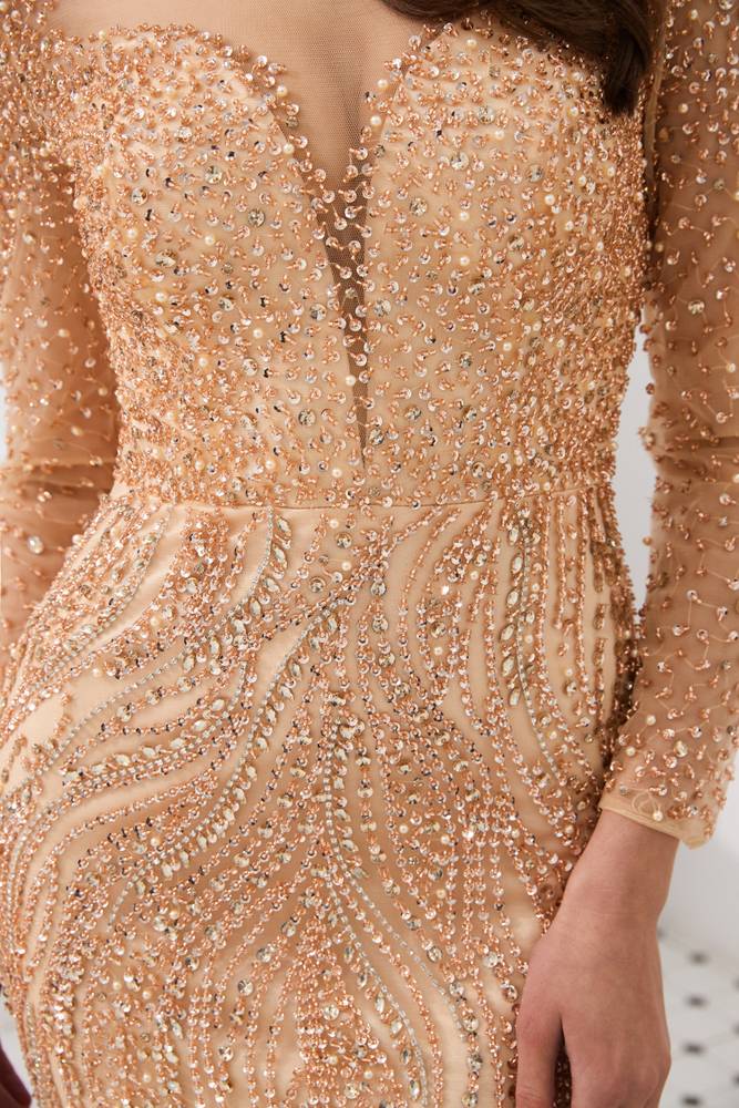 Fully Jewel Decoration Round Long Sleeves Mermaid Prom Dress