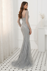 Fully Jewel Decoration Round Long Sleeves Mermaid Prom Dress