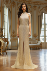 Mermaid Empire High Neck Fully Beaded Embroidery Prom Dress With Slit 