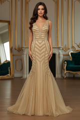 V-Neck Sleeveless Empire Beaded Mermaid Tulle Party Prom Dress