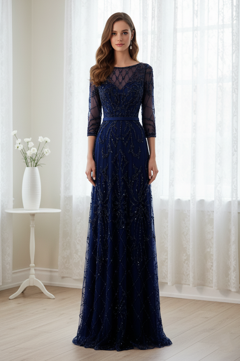 Special A-Line Scoop Quarter Sleeves Bead Embroidery Prom Dress