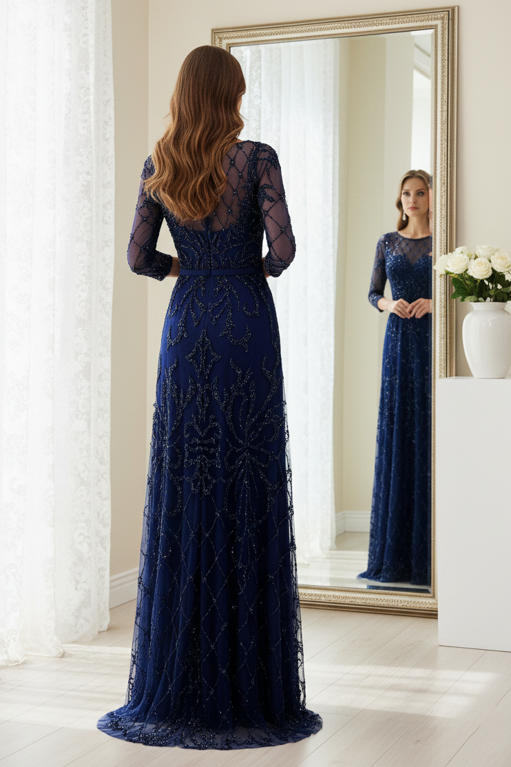 Special A-Line Scoop Quarter Sleeves Bead Embroidery Prom Dress