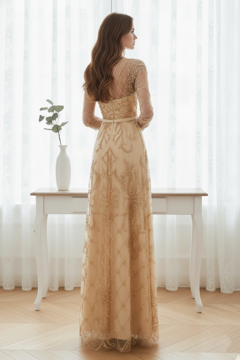 Special A-Line Scoop Quarter Sleeves Bead Embroidery Prom Dress