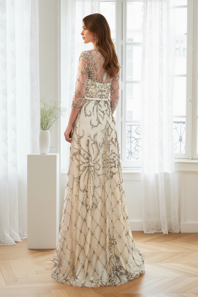 Special A-Line Scoop Quarter Sleeves Bead Embroidery Prom Dress