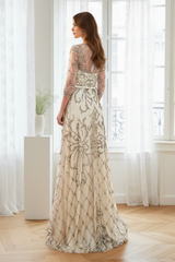 Special A-Line Scoop Quarter Sleeves Bead Embroidery Prom Dress