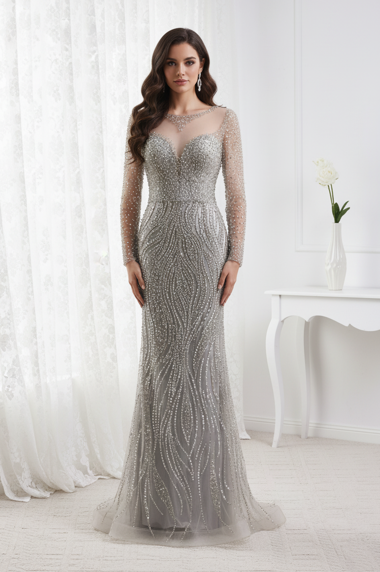 High Neck Long Sleeves Fully Beaded Mermaid Party Prom Dress