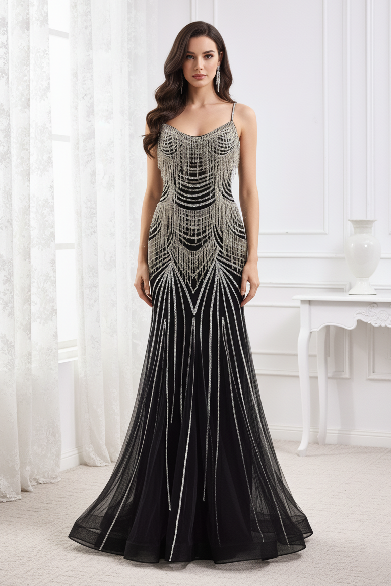 Glamorous Mermaid Bateau Sleeveless Bead-Fringed Prom Dress