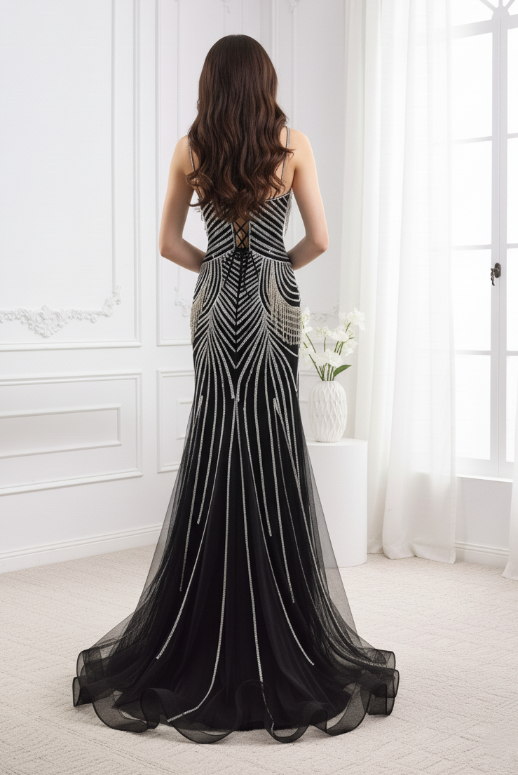 Glamorous Mermaid Bateau Sleeveless Bead-Fringed Prom Dress